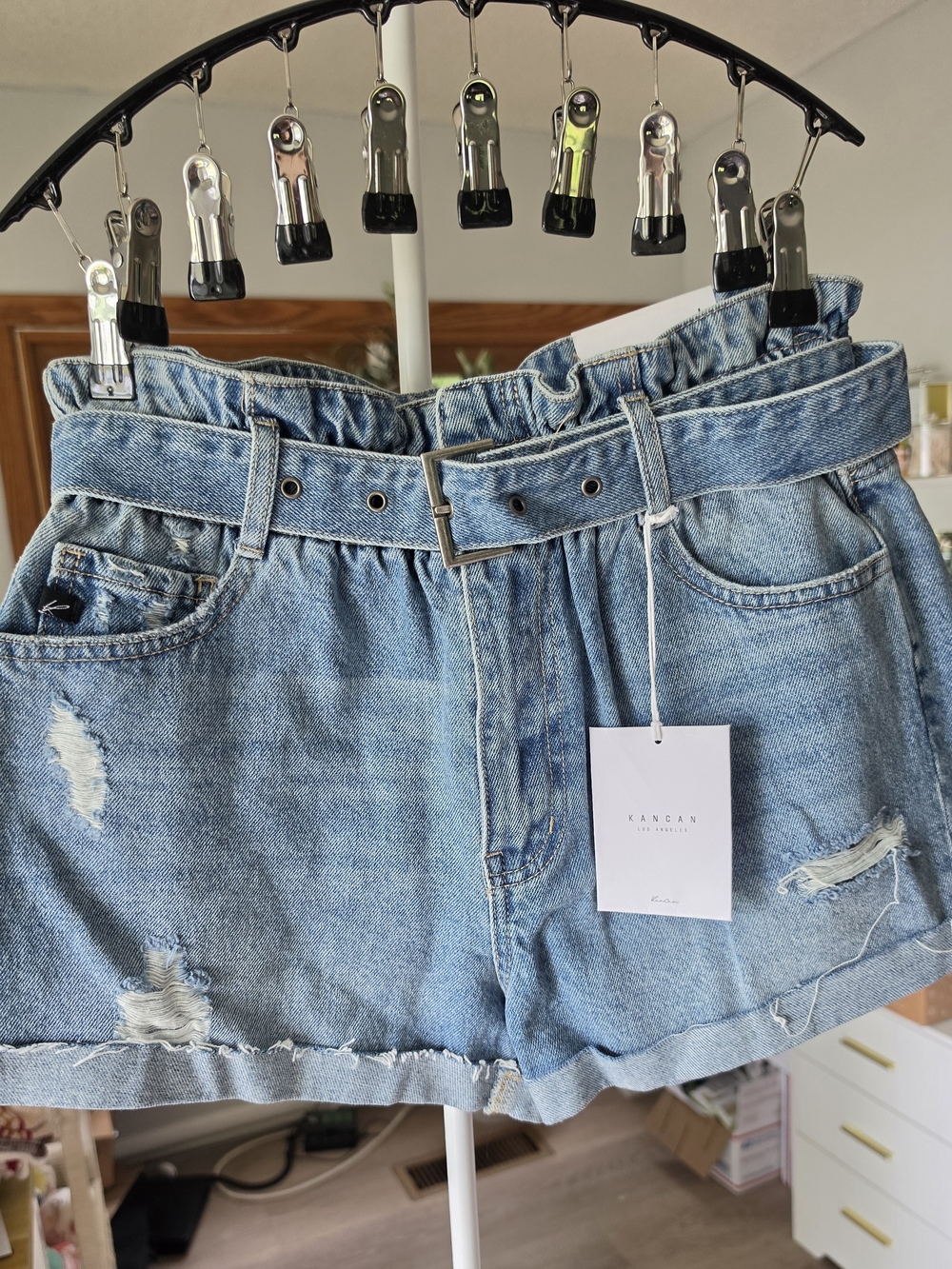 KanCan Blue Wash Distressed Denim Shorts with Belt